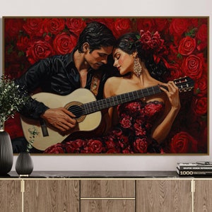 Mexican Love Wall Art - Romantic Couple Canvas with Guitar and Roses, Vibrant Latin-Inspired Decor, and Passionate Red Rose Print