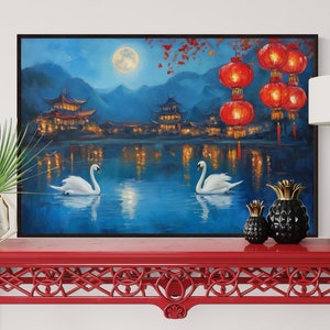 Moonlit Swan Serenity Canvas – Romantic Lantern Wall Art, Tranquil Lake Art Print, Dreamy Night Canvas for Bedroom or Living Room