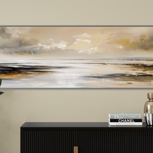Calming Coastal Serenity - Long Narrow Panoramic Print for Above Bed Decor, Neutral Tones Ocean Art, Rustic Coastal Decor for Beach House