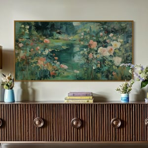 Romantic Garden Pond Art Print – Impressionist Rose Landscape Wall Art, Vintage Floral Canvas, Cottagecore Botanical Decor