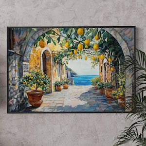 This vibrant artwork captures the charm of an Italian coastal village, featuring lemon trees hanging over a sunlit stone pathway. With a stunning view of the sea, this piece brings Mediterranean warmth and rustic beauty into your home.