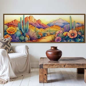 Desert Cactus Landscape Art Print – Colorful Southwest Wall Decor, Arizona Sunset Poster, Blooming Cactus Illustration