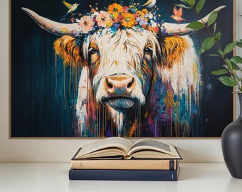 Kleurrijke Highland Cow Art Print – Bloemen kroon koe kunst aan de muur, boerderij dieren decor, levendige boho koe schilderij PRINT