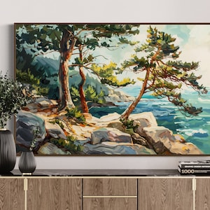 May include: A painting depicting a seascape with two pine trees on a rocky cliff overlooking the ocean. The water is a vibrant blue and green, and the sky is a light blue. The trees are a dark green, and the rocks are a light brown.