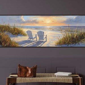 Seaside Tranquility: Panoramic Beach Painting Print - Panoramic Landscape for Beach Cottage Decor and Rustic Coastal Elegance
