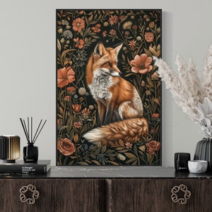 Whimsical Red Fox in Dark Floral - William Morris Style Print, Perfect Rustic Home Decore for Above Bed and Dark Academia Decor