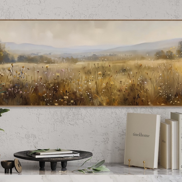 Morning Whisper: Panoramic English Countryside Print | Vibrant Sunrise Art in Wildflower Field | Long Narrow Wall Art for Nature Lovers