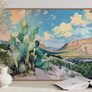 Desert Bloom Panorama: Vibrant Prickly Pear Cactus and Arizona Landscape Art Print - Perfect for Home Decore and Coquette Room Styling