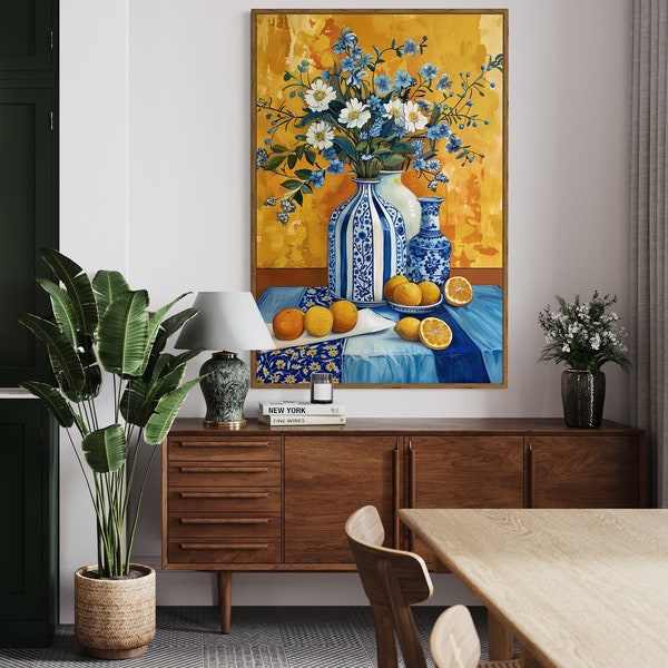 Sun-Kissed Daisy Delight - Floral Still Life in Blue Vase Painting Print, Mediterranean Inspired Botanical Print for Modern Kitchen Artwork