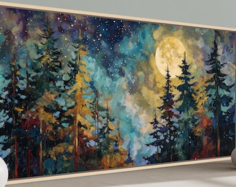 Muurkunst dennenbos bij maanlicht, nachtlandschapsprint, groenblauw goud natuurdecor