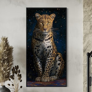 Regal Leopard Wall Art Print – Cosmic Jungle Animal Canvas, Statement Wildlife Decor for Boho, Safari or Eclectic Interiors