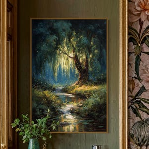 Enchanted Willow Tree Art Print – Magical Forest Wall Decor with Fireflies, Dreamy Woodland Stream Canvas
