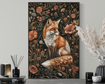 Raposa vermelha caprichosa em estampa floral escura - estilo William Morris, decoração rústica perfeita para colocar acima da cama e para decoração estilo Dark Academia.