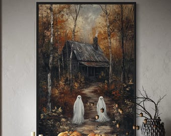 Puede incluir: Una impresión de arte mural vertical enmarcada que representa una cabaña rústica en un bosque otoñal con dos figuras fantasmales blancas en un sendero. La escena presenta follaje naranja y marrón, una chimenea con humo y un marco oscuro sobre una mesa consola de madera.