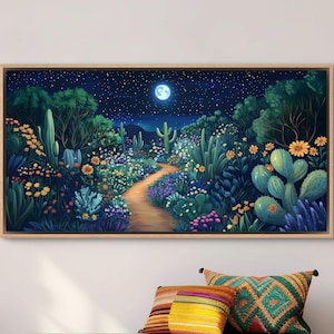 Leinwanddruck - Mystische Nachtlandschaft, Wildblumen & Kaktus Druck, Naturinspirierte Dekoration für Zuhause