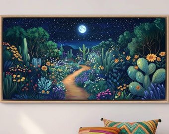 Moonlit Desert Pathway Canvas – Mystical Nightscape Wall Art, Celestial Wildflower & Cactus Print, Nature-Inspired Decor for Home