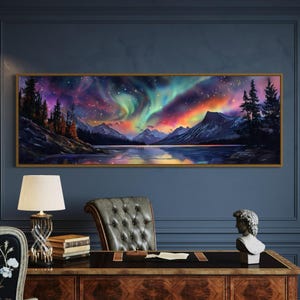 Aurora Borealis Wall Art – Northern Lights Mountain Landscape Print, Colorful Night Sky Decor, Cosmic Nature Scene, Galaxy Forest Artwork