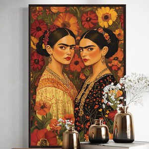 Frida-Inspired Feminine Art Print – Bold Floral Portrait of Strong Women, Mexican Folk Wall Art