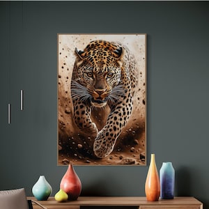 Running Leopard Canvas Wall Art - Dramatic Wildlife Print with Big Cat, African Safari Vibes, and Bold Rustic Charm for Home Decor
