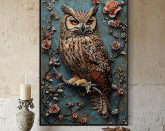 Rustic Owl Wall Art - Teal and Pink Floral Canvas, Moody Woodland Animal Decor, Cottagecore Wildlife Print for Living Room or Bedroom