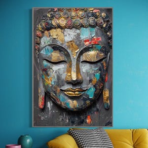 Gold Buddha Face Art Print – Zen Wall Decor, Abstract Spiritual Painting PRINT, Mindfulness Boho Home Art