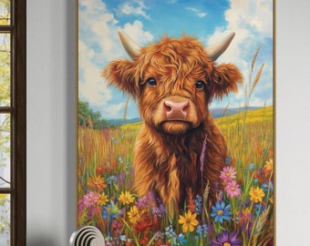 Baby Highland Cow Wall Art - Rustic Farmhouse Canvas, Vibrant Wildflower Meadow Print, Cottagecore Animal Decor for Living Room or Bedroom
