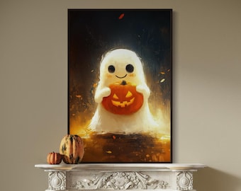 Lindo fantasma - Lámina artística de Halloween - Lámina de pintura de calabaza espeluznante para decoración otoñal del hogar, póster de otoño y decoración de habitaciones de Halloween