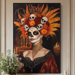 Day of the Dead Art Print – Sugar Skull Lady with Skulls and Marigolds – Gothic Mexican Wall Decor