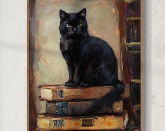 Black Cat and Books Canvas – Dark Academia Wall Art, Vintage Literary Cat Print, Cozy Gothic Home Decor for Library or Reading Nook