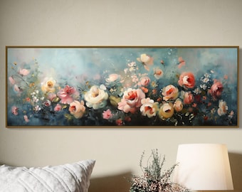 Zomerbloemen en veld met wilde bloemen - Levendige rozenprint op groot bloemencanvas, romantisch rustiek muurdecor, panoramische impressionistische kunst