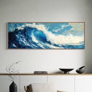 Blue Ocean Wave - Panoramic Abstract Seascape Print for Long Narrow Wall Art, Above Bed Decor, and Beach House Decor