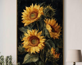 Sunflower Art Print – Bold Botanical Wall Décor, Rustic Farmhouse Floral Print, Vintage Dark Background Sunflower Print