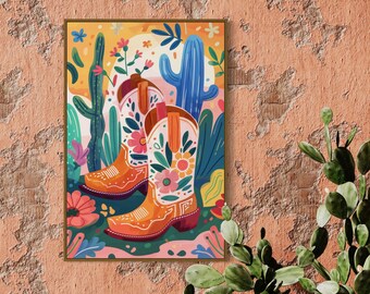 Colorful Cowboy Boots Print - Southwestern Art for Home Decor, Mexican Painting Poster, Perfect Cowgirl Boots Decor and Coquette Room Accent