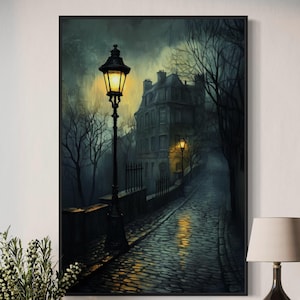 Gothic Street Lamp Canvas – Foggy City Art, Moody Victorian Style Print, Mystical Noir Wall Decor for Living Room, Bedroom