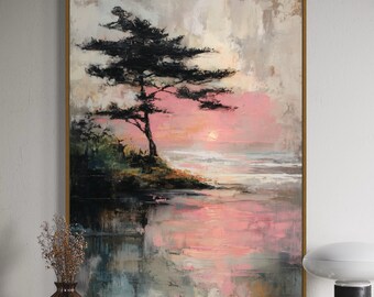 Stampa artistica di un albero al tramonto sulla costa – Paesaggio marino impressionista da parete, Stampa di un dipinto dell'oceano con cielo rosa, Decorazione domestica con natura tranquilla
