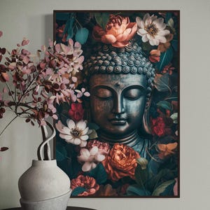 Buddha Floral Wall Art Print – Zen Meditation Decor, Boho Spiritual Poster, Tranquil Buddha Statue With Flowers, Yoga Studio Wall Print