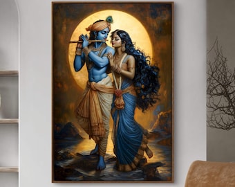 Puede incluir: Una pintura enmarcada representa una figura de piel azul tocando una flauta, frente a una mujer con cabello largo y oscuro. Se paran frente a un orbe dorado, con un río y montañas en el fondo. Las figuras visten ropa tradicional en tonos beige y azul.