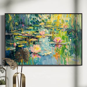 Impressionist Water Lily Art - Modern Vibrant Lake House Wall Art, Impressionist Art of Lotus Print, Beautiful Home Decor with Lily Pads
