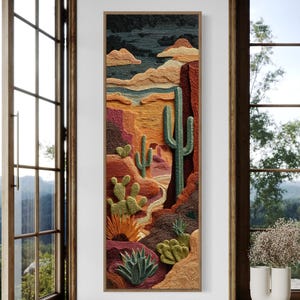 Southwest Desert Cactus Art Print – Quilled Style Landscape Wall Art, Colorful Western Wall Decor, Modern Boho Desert Scene