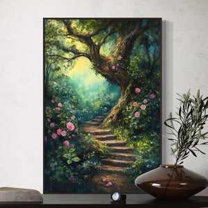 Obraz na płótnie „Zaczarowany Las” – marzycielski ogród różany, romantyczny wydruk z drzewem róż, uspokajająca dekoracja ścienna do salonu lub sypialni