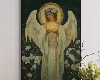 Celestial Angel Canvas – Art Nouveau Spiritual Wall Art, Ethereal Divine Feminine Print for Above Bed