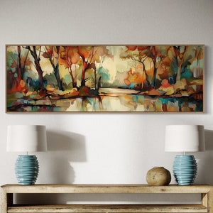 Herbstwald Eleganz - Abstrakte Herbstlandschaft Panoramadruck für lange schmale Wandkunst, über dem Bettdekor und Haus am See Wandkunst
