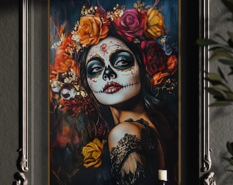 Dramatische dia de los Muertos Sugar Skull Art - mystieke gotische canvasafdruk voor Halloween, Latijns-Amerikaanse kunst en donkere bloemenkunst aan de muur