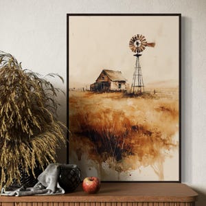 Farmhouse And Windmill Wall Art – Rustic Prairie Watercolor Print, Country Landscape Painting, Western Barn Decor, Minimal Farm Canvas