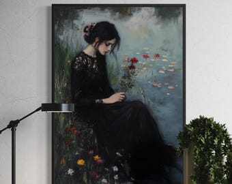 Stampa artistica di una donna gotica romantica – Opera d'arte da parete dark academia e suggestiva, ritratto vintage in riva al lago