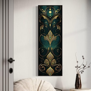 Elegant Art Deco Teal and Gold Wall Art – Tall Vertical Luxury Wall Decor, Symmetrical Abstract Shapes Print for Opulent and Modern Spaces