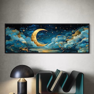 Moon Wall Art Print – Celestial Crescent Moon Painting, Dreamy Starry Sky Decor, Boho Night Sky Art, Cosmic Nursery Wall Print