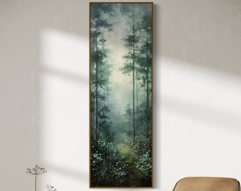 Enchanted Misty Forest - Tall Vertical Relaxing Forest Scene with Wild Flower Print, Narrow Wall Art in Dark Forest Green
