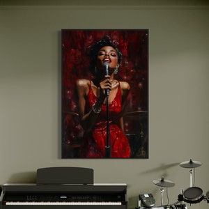 Jazz Singer Wall Art - Bold Afrocentric Music Canvas Print with Elegant Red Dress, Perfect for Statement Home Decor or Music Lover Gift