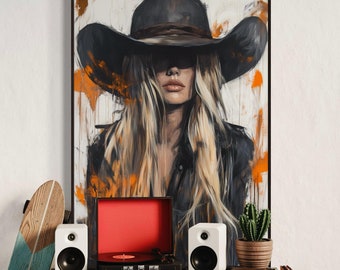 Modern Cowgirl Canvas – Bold Western Fashion Print, Rustic Chic Wall Decor, Edgy Country Portrait for Bedroom, Living Room